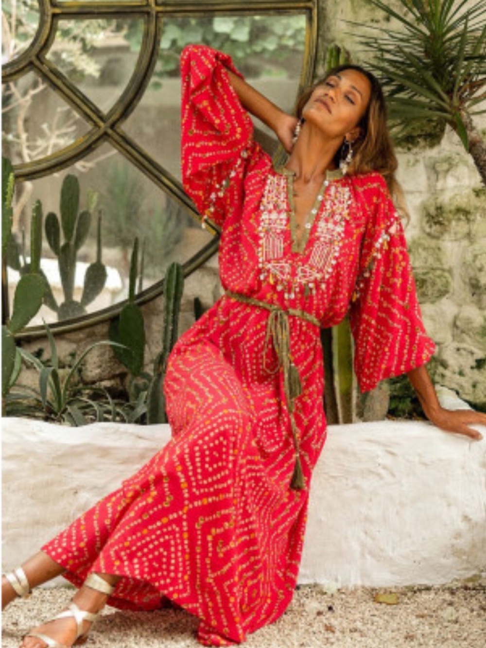 Miss June Paris Embroidered Red Bohemian Maxi Dress with Tassel Belt